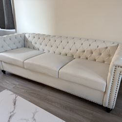 White Luxury Leather Tufted Couch - 3 Person Sofa 