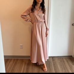 Tan And Light Pink Silke Long Sleeve Dress