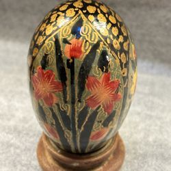 Vintage Hand Painted Wood Lacquered Floral Egg With Wooden Stand