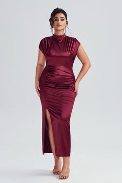 Burgundy Satin Ruched Dress