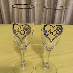 2 Vintage Rawcliffe  Toasting  Flute Glasses Pewter 40 Year Anniversary