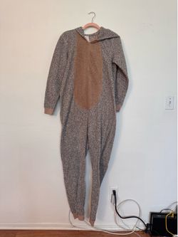 Secret Treasures Plush Hooded Beaver Jumpsuit in Taupe & Cream