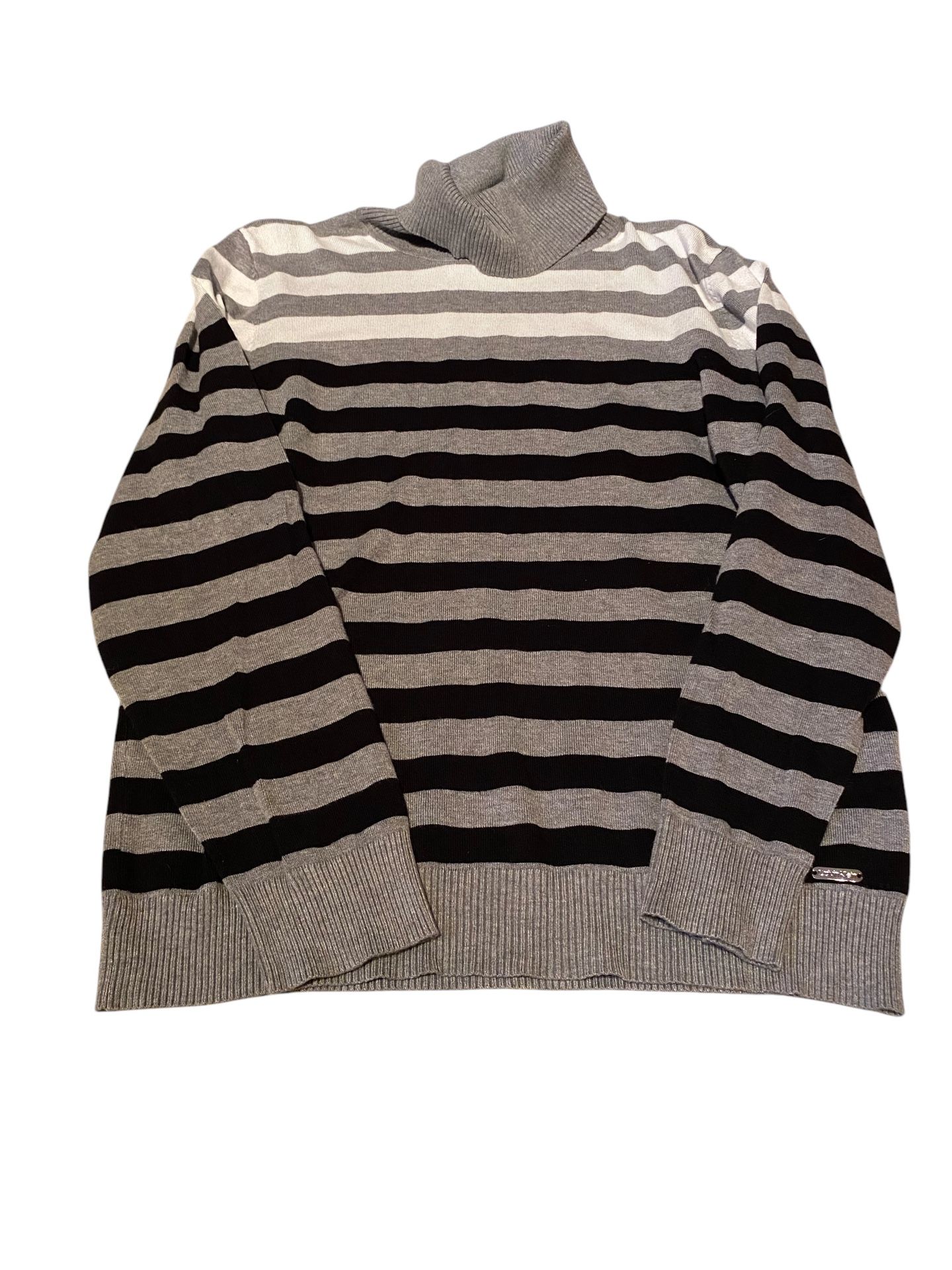 Calvin Klein Woman's L Turtleneck Sweater L/S White Gray Black Stripes