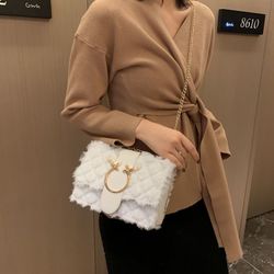 Bag women’s 2021 new fashion versatile chain bag lamb wool shoulder bag foreign style plush cross-body bag small square bag