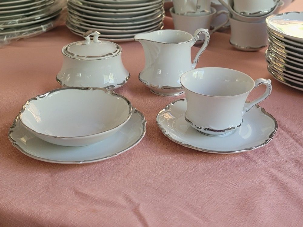 80-Piece Seyei Fine China Set – Japan "Majesty" 4976 | White with Silver Trim – Elegant Vintage Dinnerware