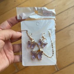 PURPLE BUTTER FLY SET GOLD PLAYED NECKLACE EARRINGS 