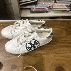 Tory Burch Leigh T Logo White Leather Fashion Sneakers Women Size 6.5m