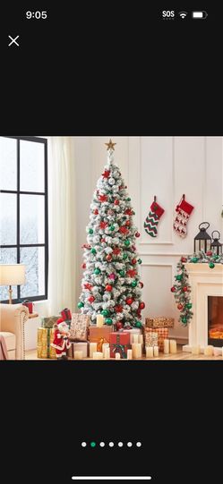 7.5ft Pre-lit Snow Flocked Christmas Tree, Premium Hinged Artificial Pine Tree with Colorful LED Lights, Pre-Lit Slim Pencil Christmas Tree w/ Sturdy 