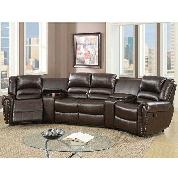 Motion Theater Seating In Brown Bonded Leather Nailhead Trim And 2 Storage Compartments And Cupholders Firm Price $1370 Financing Available