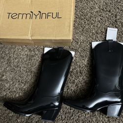 Women Cowgirl Rain Boots w Rubber Gum Solid Waterproof Chunky Mid Heel Shoes size 9