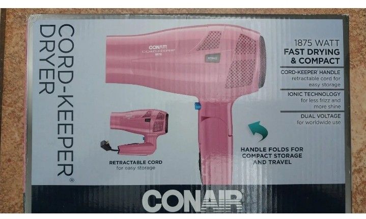 Conair 1875 Watt Cord-Keeper Hair Dryer Retractable Cord Handle Folds Pink