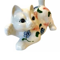 VTG Porcelain Frike Hand Painted Playful kitten White Floral Cat Figurine Israel