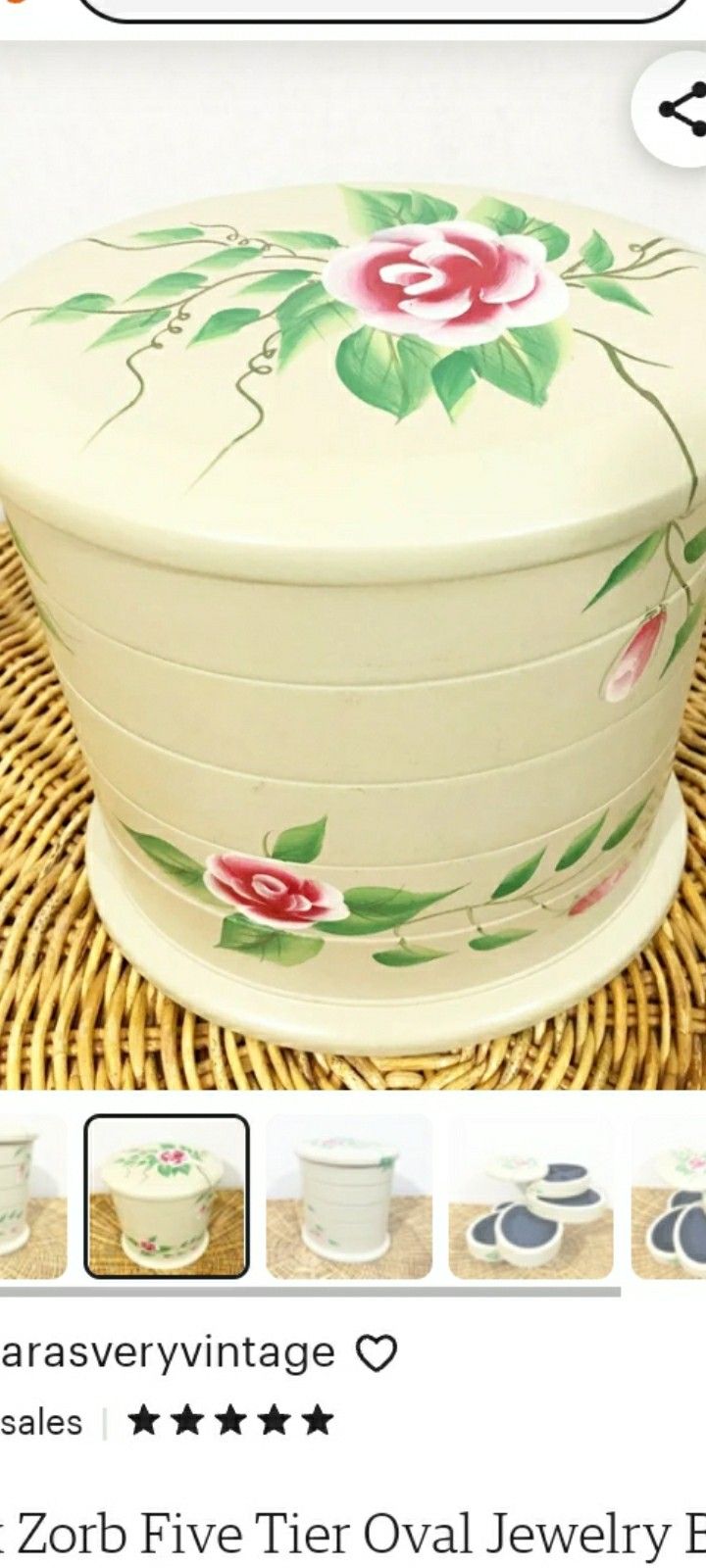 Flex Zorb Five Tier Oval Jewelry Box, Pink Roses, Cottage Shabby Decor