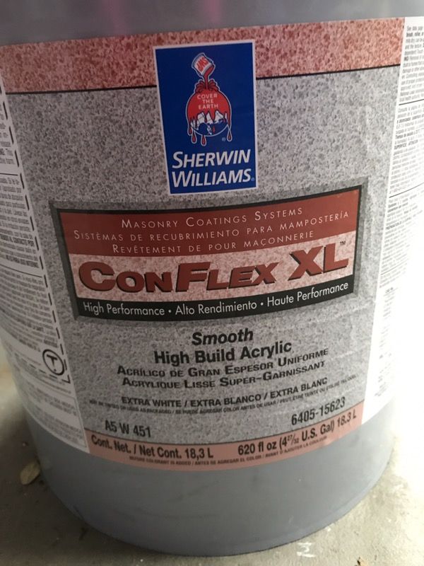 Exterior ConFlex XL Concrete Coating & Waterproof Coating form Sherwin Williams 5 gallons for $100. Color: White