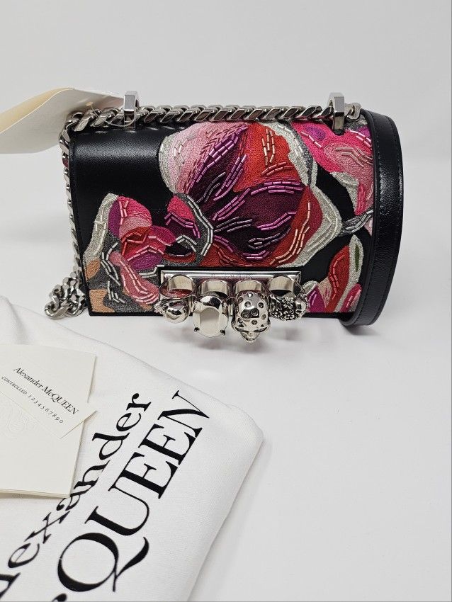 Alexander McQueen Orchid Floral Black Pink Embroidery Jeweled Satchel Silver Bag Crossbody Shouldr Haute Gala Rare Limited