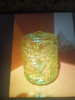Antique  yellow crystal canister set very old, heavy, perfect.Three piece set two hundred dollars