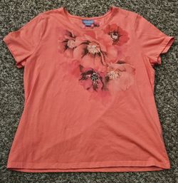 Preppy Laura Scott Coral Rhinestone Floral Embellished Tee L