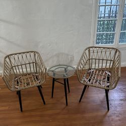 Rattan Wicker Chairs & Glass Table Set
