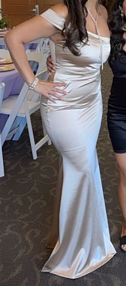 Champagne Satin Off-Shoulder Maxi Gown