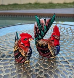 Vintage Set of 2 Hand-Carved Wooden Hen and Rooster Figurines