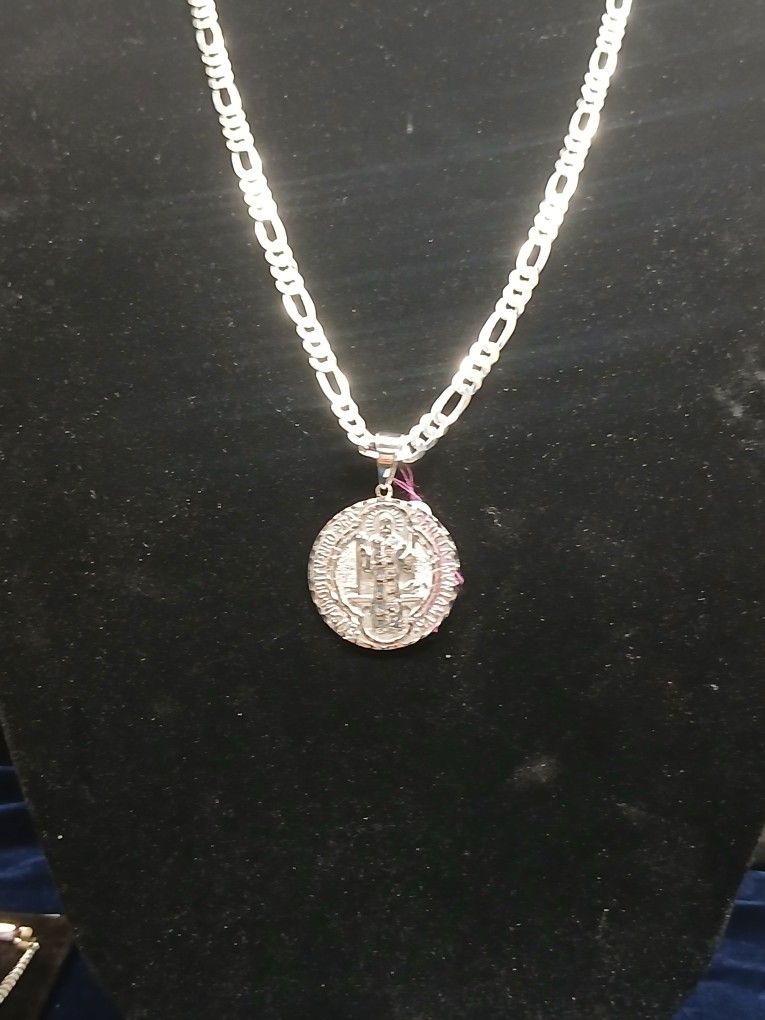 925 Silver Figaro Chain With San Benito Double Sided Pendant