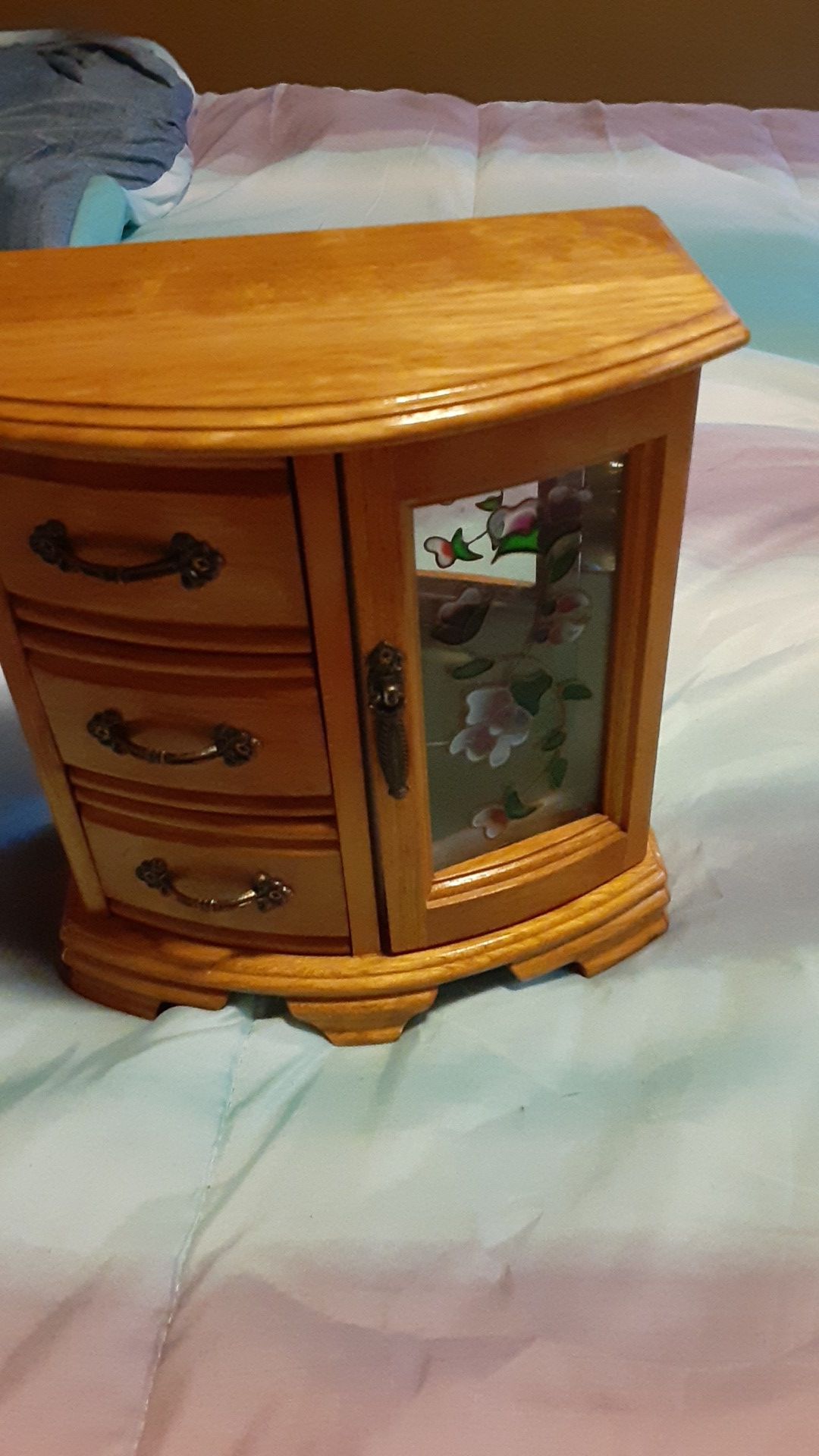 (Jewelry Box)-3 Drawers- Stained Glass Door - Place To Hang Necklaces- $10- Pick Up-3764 Rockville Road- Indpls Ind-