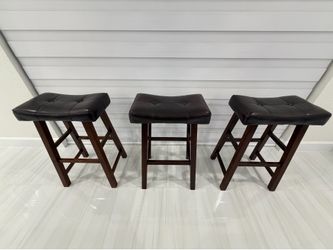 Set of 3 Solid Wood Dark Brown Leather Backless Bar Stools