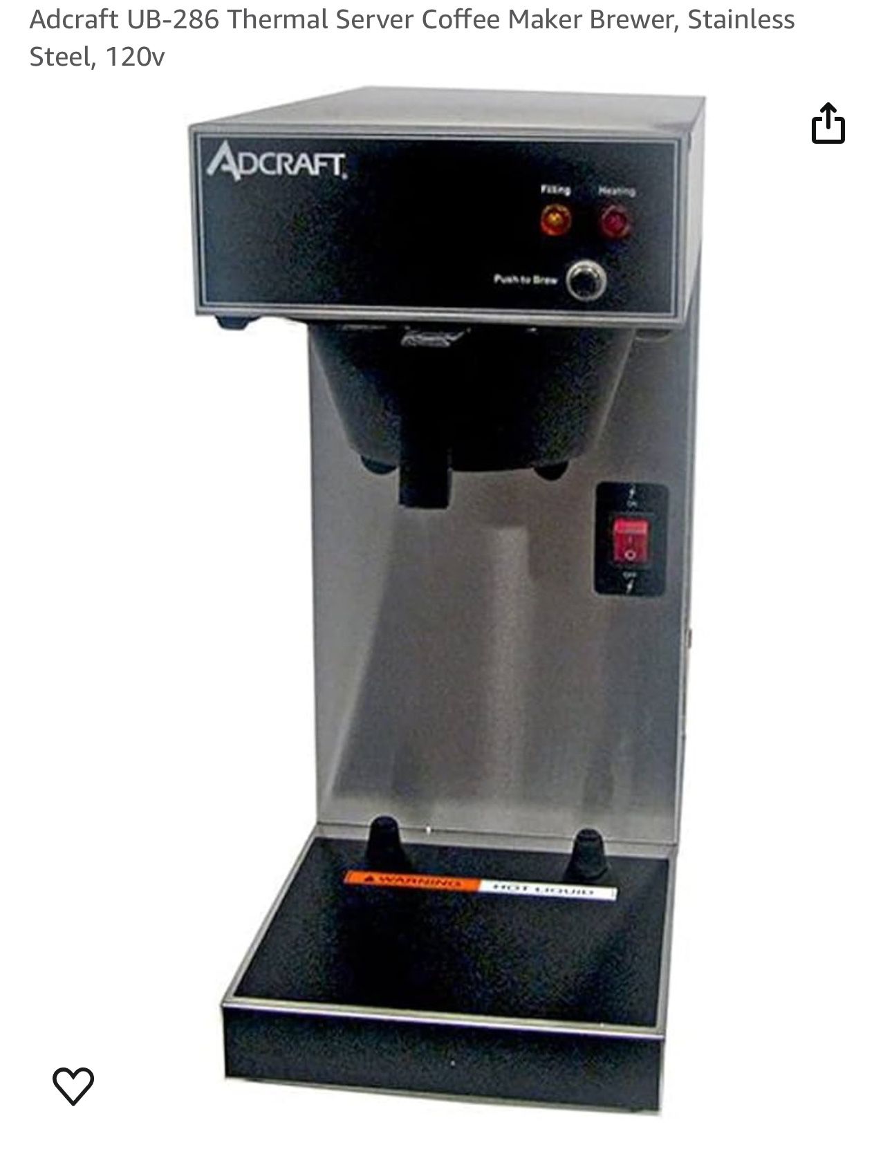 Adcraft UB-286 Thermal Server Coffee Maker Brewer, Stainless Steel, 120v