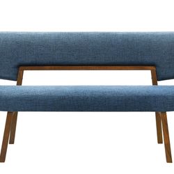 Armen Living Channell Wood Dining Bench in Walnut Finish with Blue Fabric - New In Box