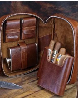 Brizard and Co Havana Cigar Case Cutter, Lighter & Flask Saddle Leather Tobacco