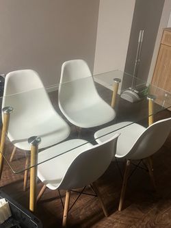 Glass Dining Table with 4 White Chairs
