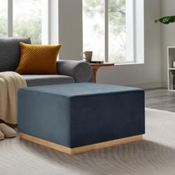 Tilden Large 28 in. Cadet Blue Natural Performance Velvet Upholstered Square Ottoman