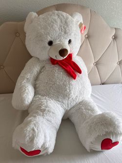 Large White Plush Teddy Bear with Red Hearts