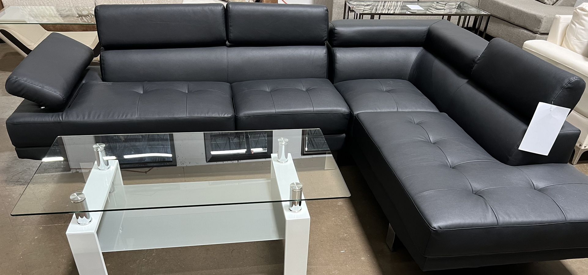 BLACK LEATHER SECTIONAL COUCH SET WITH ADJUSTABLE HEADREST