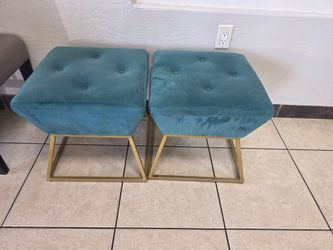 Set of 2 Velvet Ottoman Stools – Teal Velvet with Gold Metal Bases