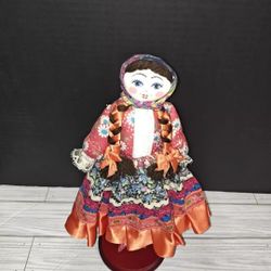 Russian Handmade Collectible Cloth Rag Folk Doll With Braids Stand Included