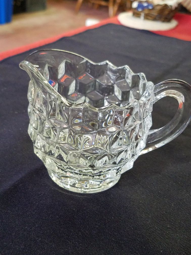 Vintage Fostoria American Pressed Glass footed creamer pitcher 3D stacked cube design sawtooth rim starburst bottom A68V631