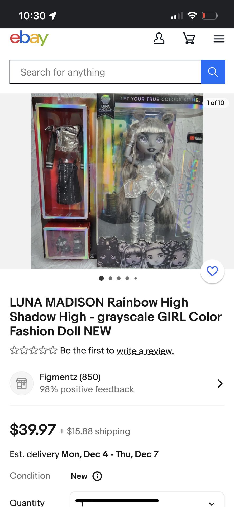 LUNA MADISON Rainbow High Shadow High - grayscale GIRL Color Fashion Doll NEW