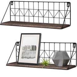 Set of 2 Rustic Wood Storage Display Shelf with Metal Wire Basket