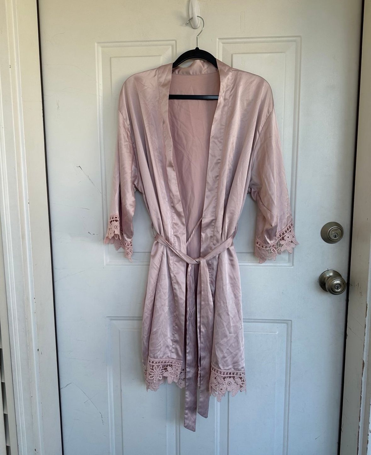 Blush Pink Sateen Short Robe with Lace size S