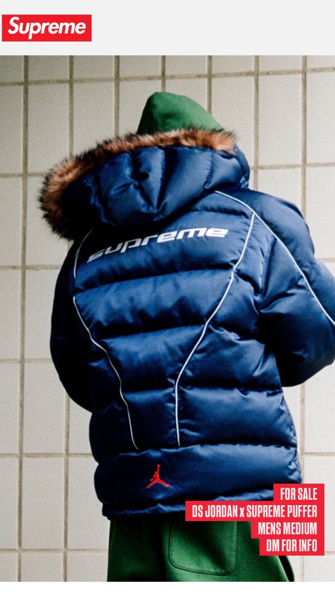 DS Jordan X Supreme Puffer Jacket Medium Navy FW24