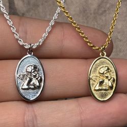 Vermeil Gold/Sterling Silver Cherub/Angel, Minimalist, Geometric Pendant on 925 S.S/Vermeil Gold Italian Rope chain
