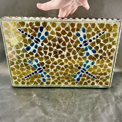 Pier 1 Mosaic Stained Glass Rectangular Decorative Dragonfly Tray  14.5" x 9.5"