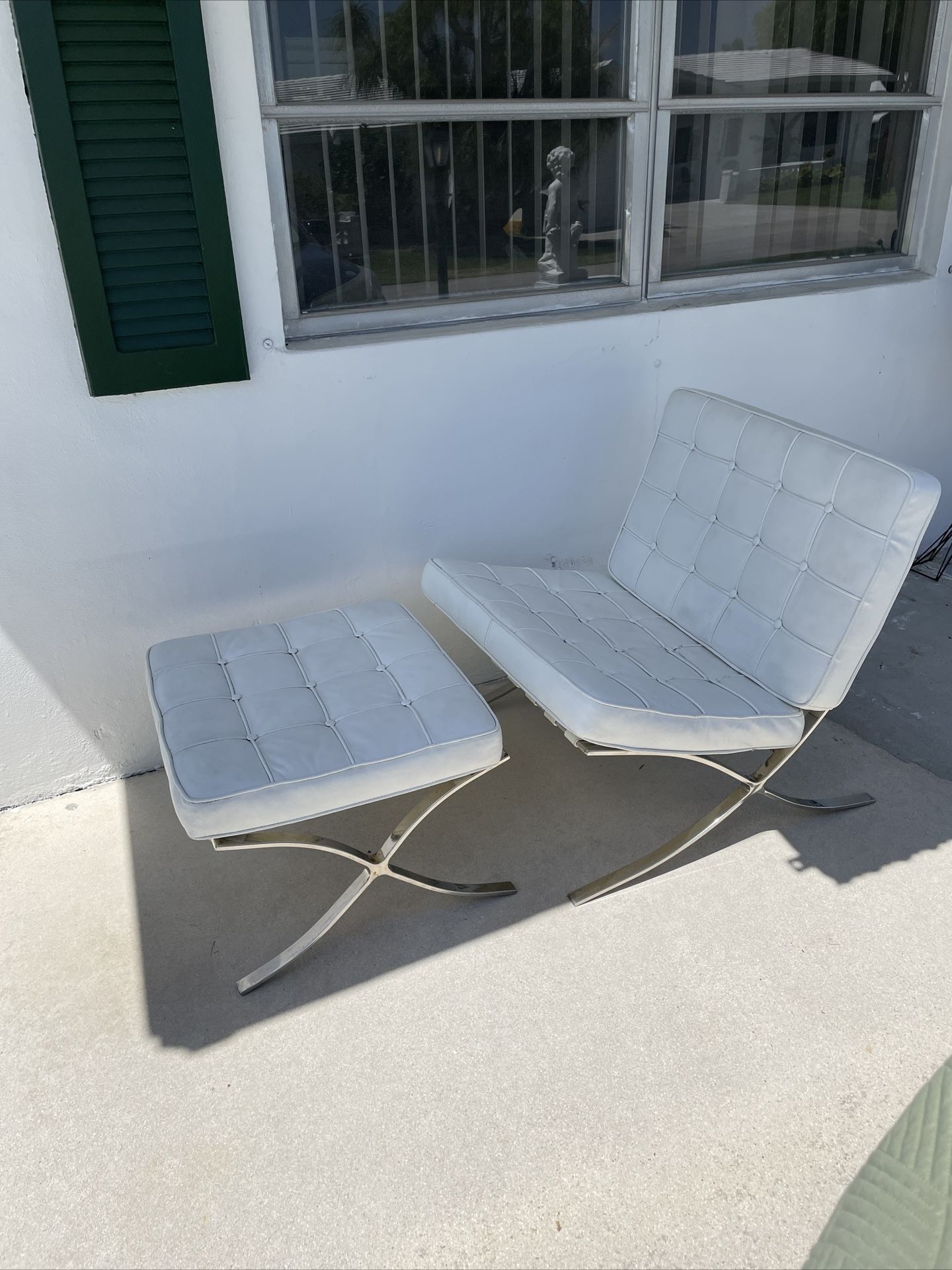 Barcelona Lounge Chair And Ottoman Mid Century Modern Used White Leather 