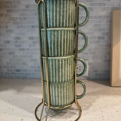 Green Ceramic Coffee Mug Set w/ Gold Stand – 4 Stackable Cups, Modern Kitchen Decor