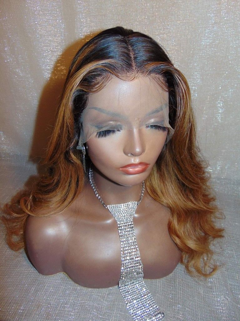 Middle Part Ombre Balayage Lace Front Wig Dark Root Honey Ginger Golden Blonde
