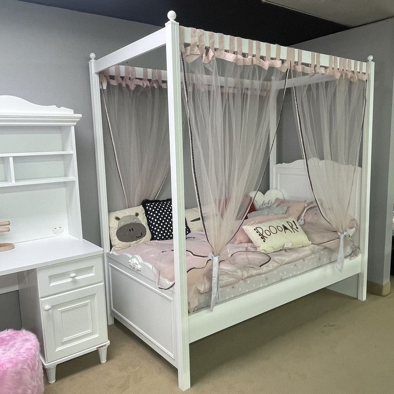 White Canopy Teen Bed with Pink Mosquito Net Set