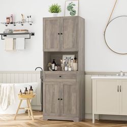 Tall Bathroom Storage Cabinets, Farmhouse Linen Cabinet with 4 Doors & Wide Shelves & Drawer, 67” Tall Storage Cabinet Freestanding for Bathroom, Dini