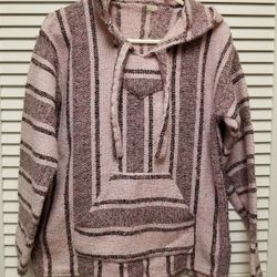 Vintage Baja Hoodie 1970's Woven Tunic Pink Beach Hippie