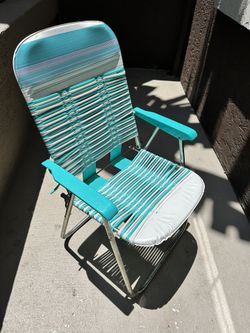Vintage Folding Lawn Chair Metal Vinyl Tubular Vinyl Turquoise/White